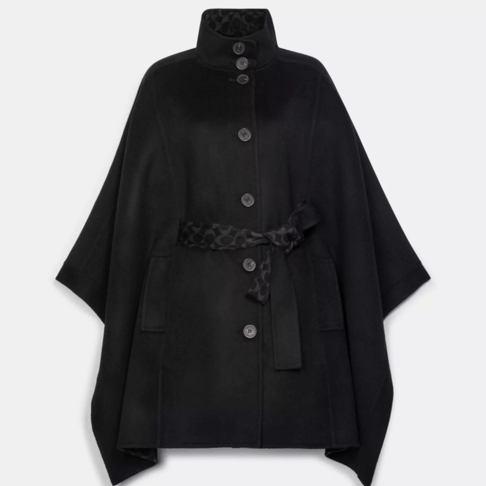 Coach Black Double face Wool Cape with Signature monogram
